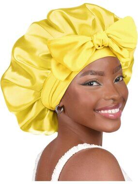 〽️Women Yellow Double Layer Hair Wrap Reduce Friction Prevent Frizz Satin Bonnet